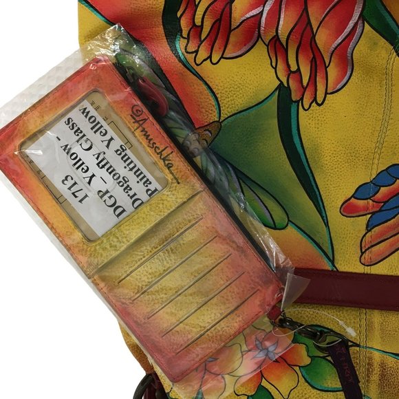 Anuschka NEVER USED Handpainted Leather Tote Shoulder Dragonfly Floral - Picture 10 of 13